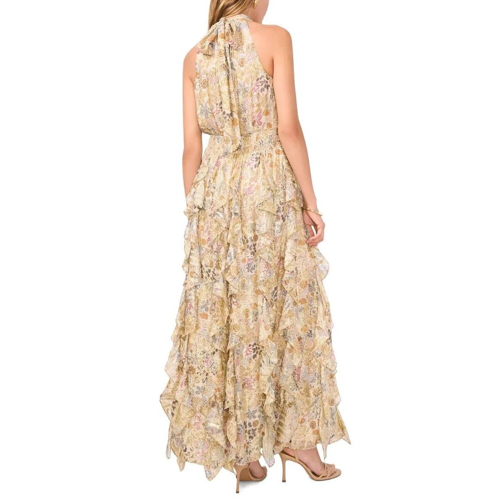 1.STATE Women's Sleeveless Cascading Ruffle Maxi Dress Cream Gold Multi Size M - Picture 3 of 15